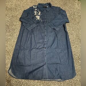 New Bob Mackie Wearable Art Indigo Wash Floral Embroidered Denim Shirt Dress M